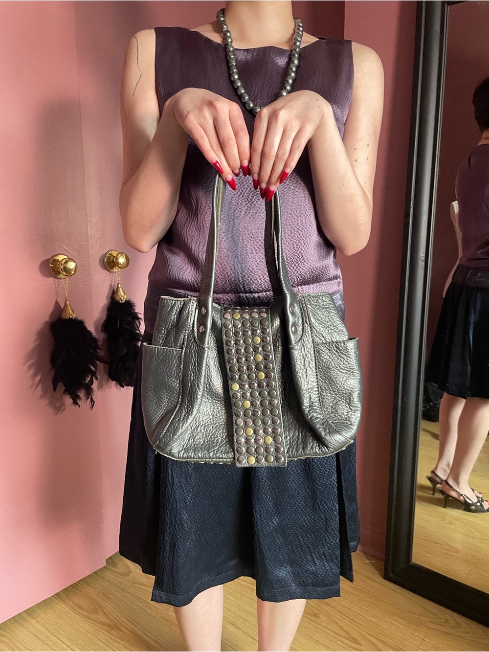 Japanese Brand Stud-Accent Metallic Gray Leather Shoulder Bag
